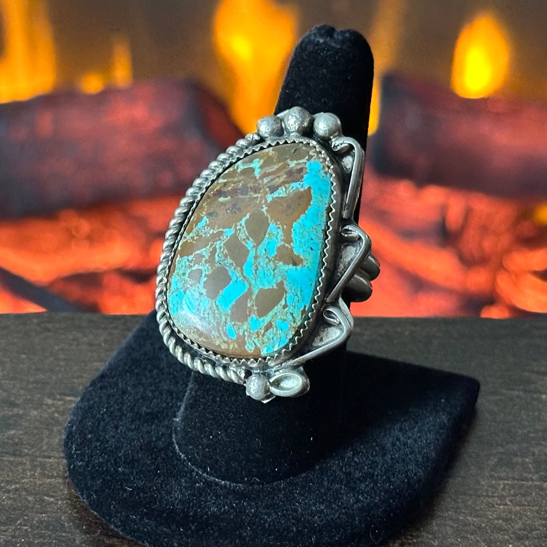 Navajo Virginia Hano #8 Turquoise Sterling Twist Wire Raindrop Statement Ring