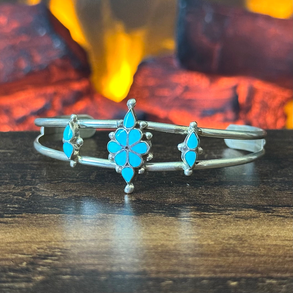 Turquoise Sterling Floral Inlay Raindrop Cuff