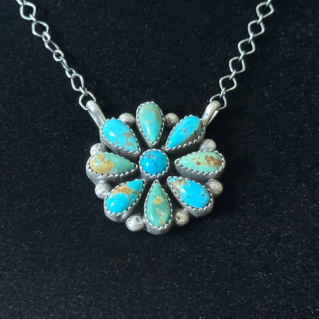 Navajo Judy Largo Turquoise 9 Stone Sterling Floral Cluster Pendant Necklace