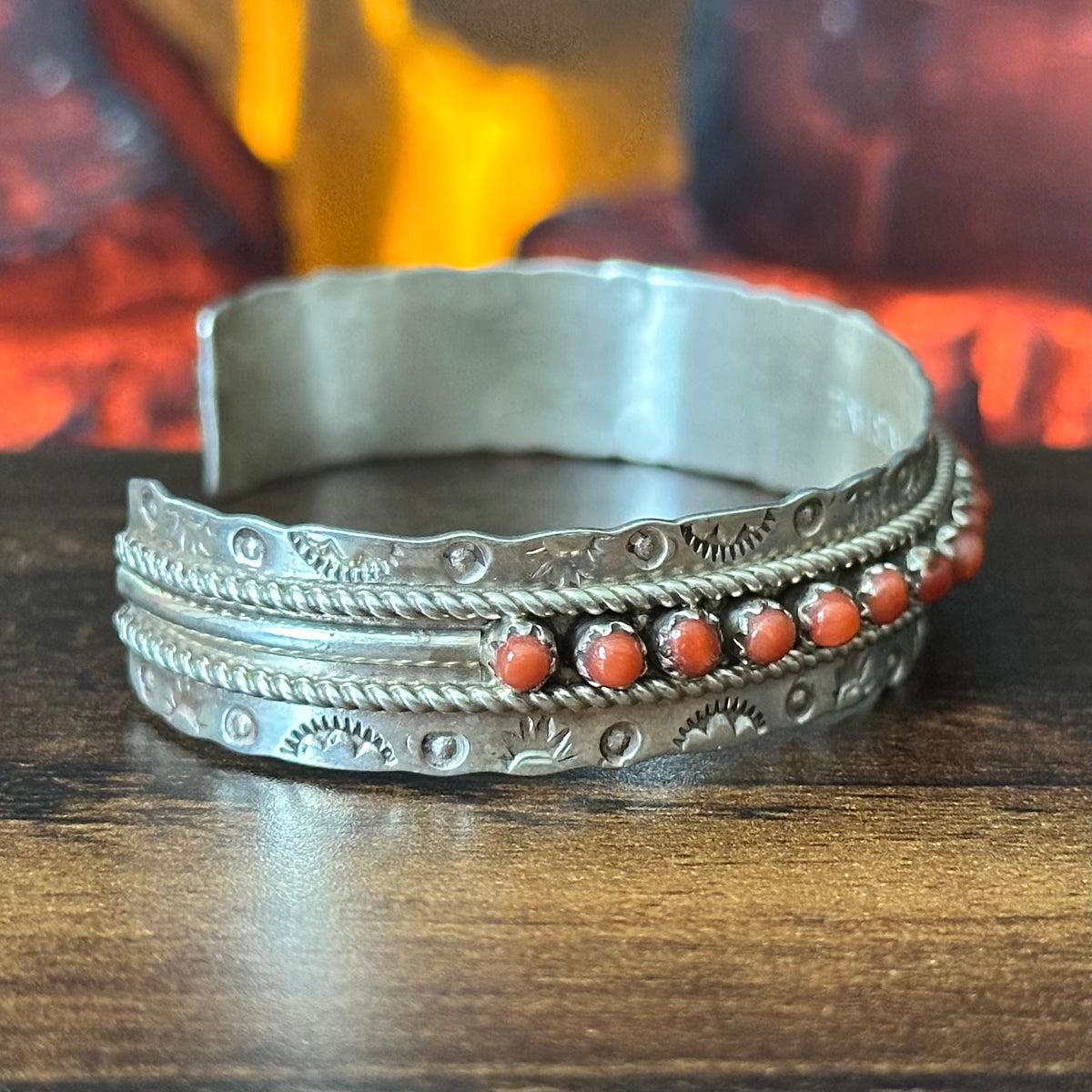 Zuni Jason & Pearl Ukestine Red Coral 21 Stone Sterling Hand Stamped Snake Eye Stacker Cuff