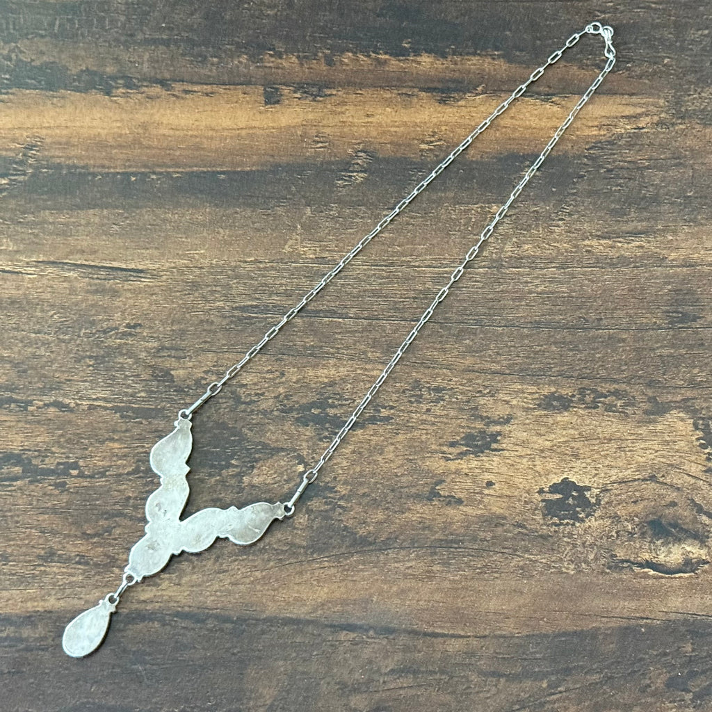 Zuni Lowsayatee 1990s Turquoise Mother of Pearl Red Coral Sterling Inlay Teardrop Necklace