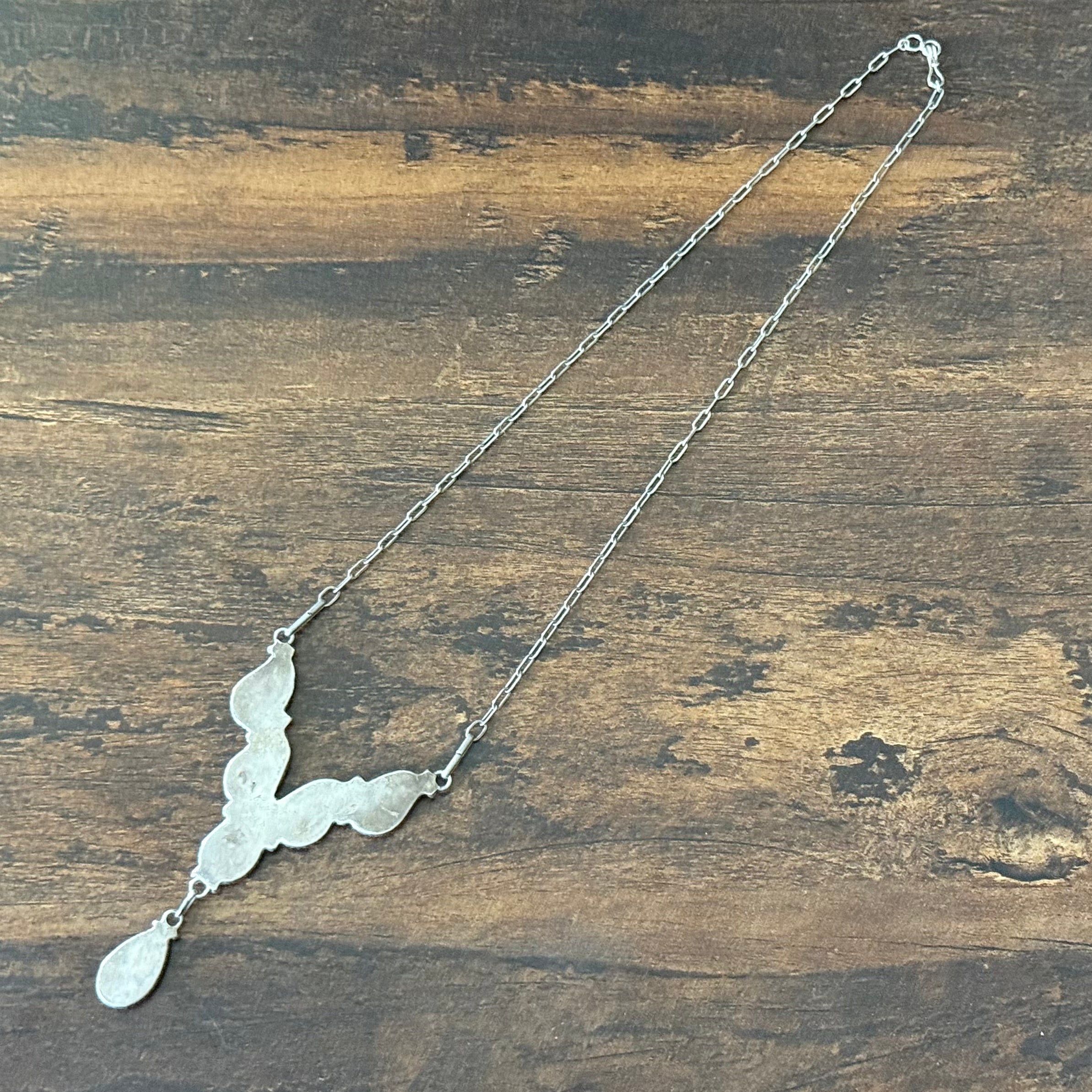 Zuni Lowsayatee 1990s Turquoise Mother of Pearl Red Coral Sterling Inlay Teardrop Necklace