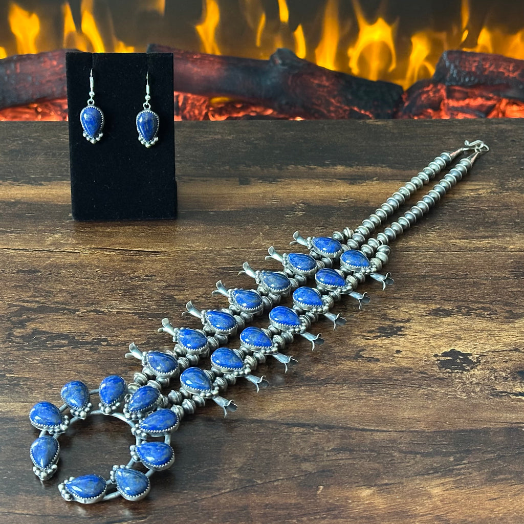 Navajo Phil & Lenora Garcia Lapis 23 Stone Sterling Raindrop Squash Blossom Earrings Set