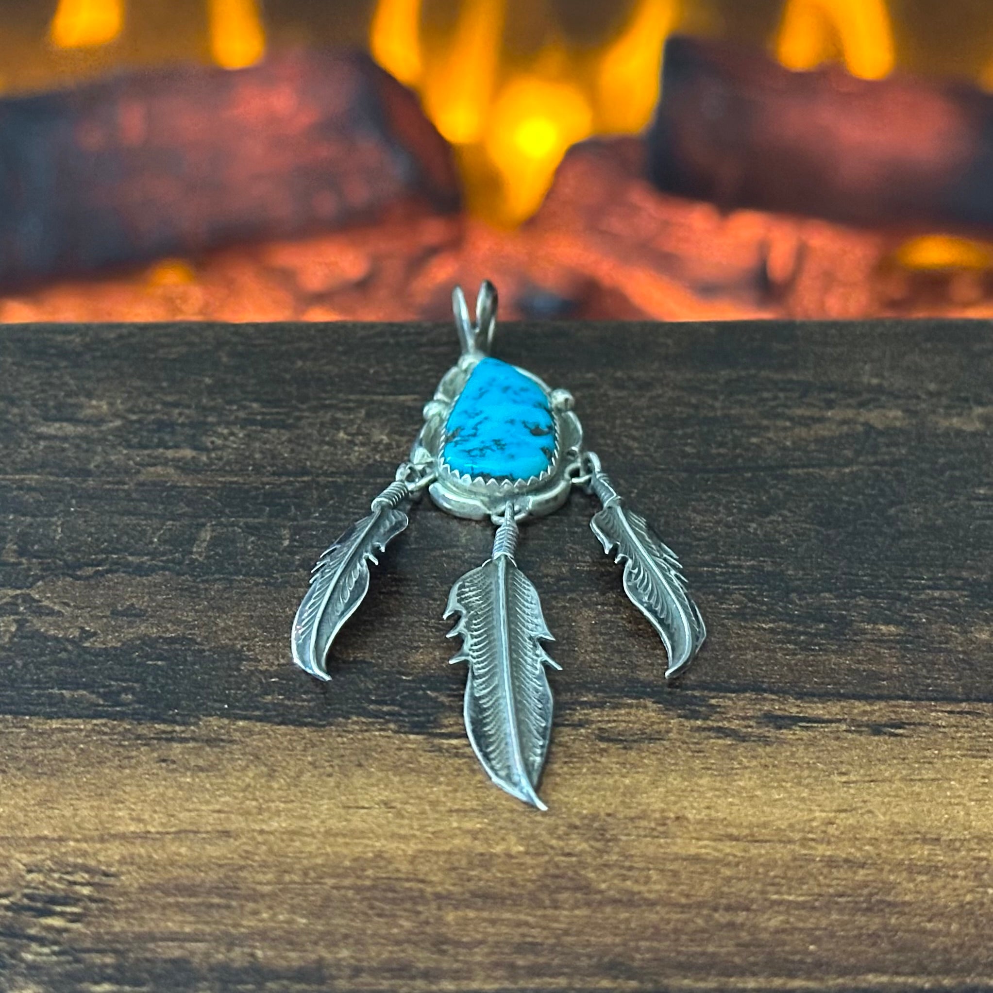Turquoise Sterling Triple Feather Pendant