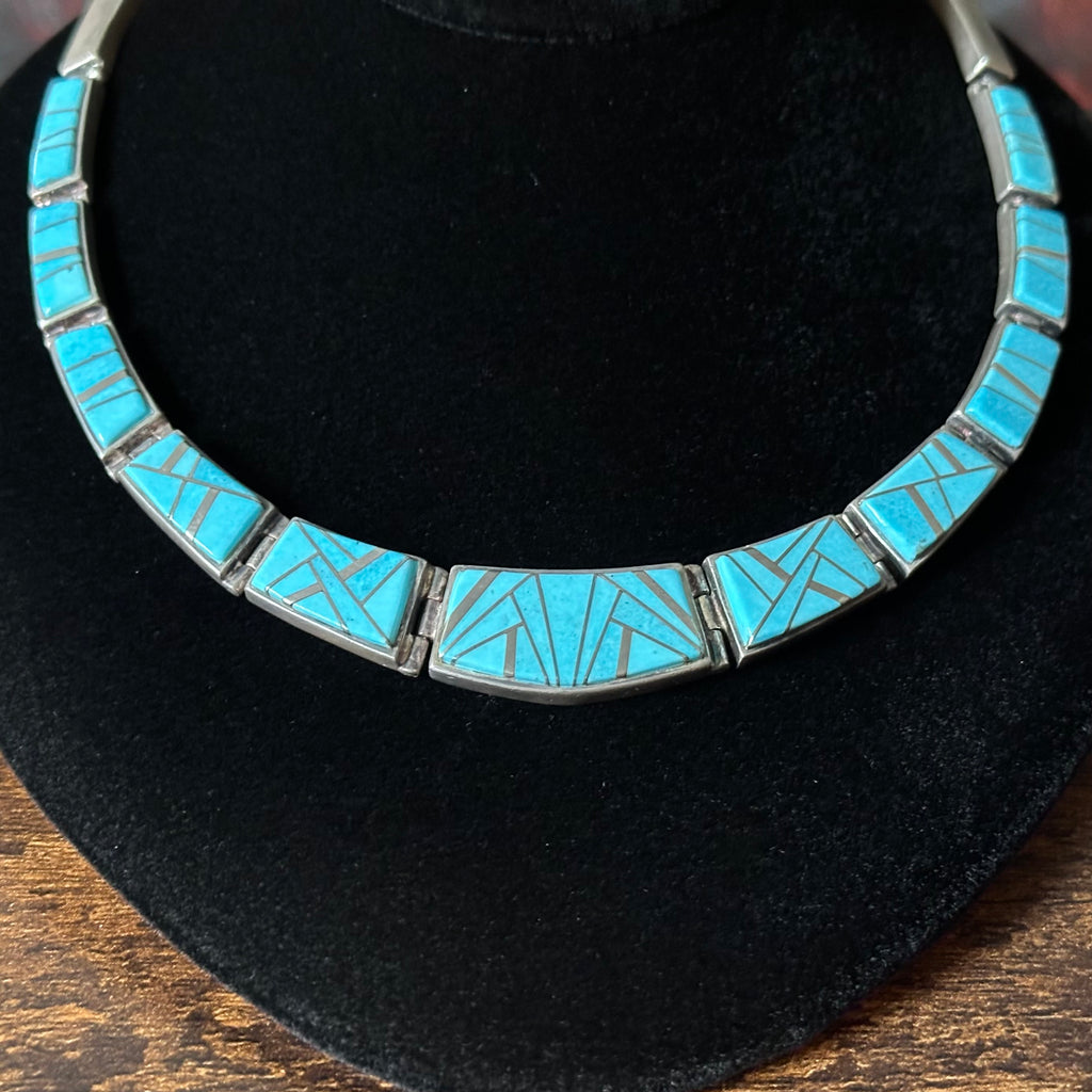 Navajo Pamela Daniels TSF Turquoise Sterling Hinged Geometric Inlay Necklace