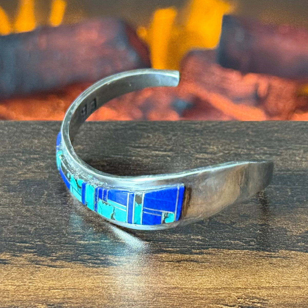 EB Signed Turquoise Lapis Sterling Abstract Inlay Cuff