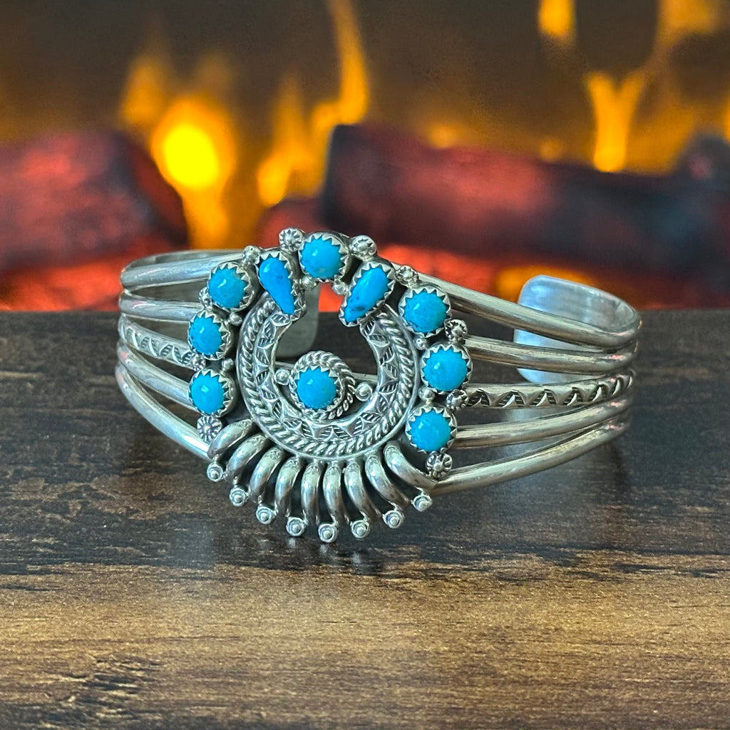 Navajo Nora Tsosie Turquoise 44 Stone Sterling Hand Stamped Petite Point Naja Statement Necklace Earrings Cuff Set