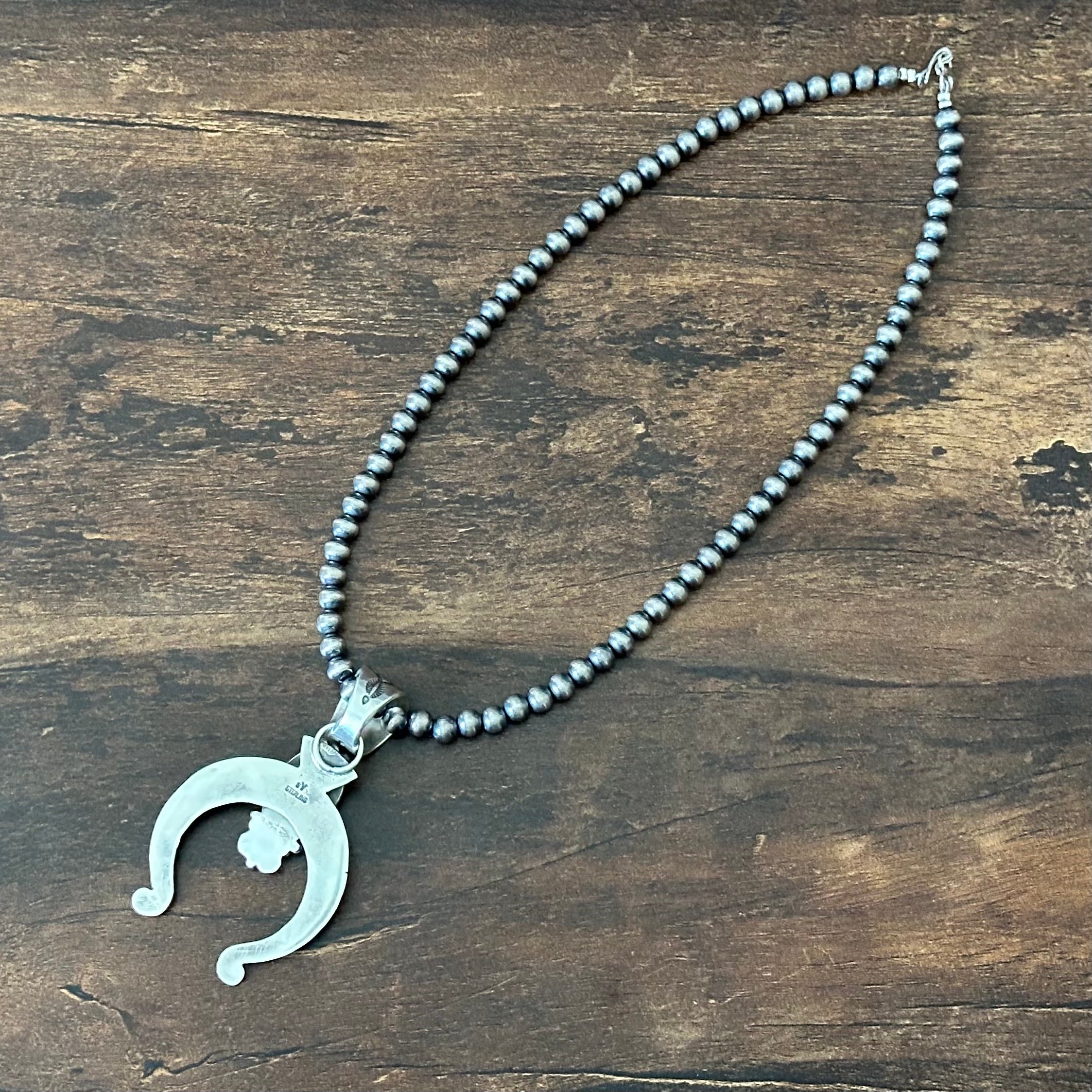 Navajo Samuel Yellowhair Sonoran Gold Turquoise Sterling Hand Stamped Naja Pendant Necklace
