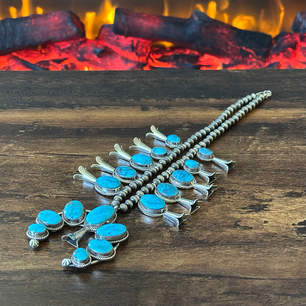 Running Bear Trading Turquoise 17 Stone Sterling Twist Wire Squash Blossom