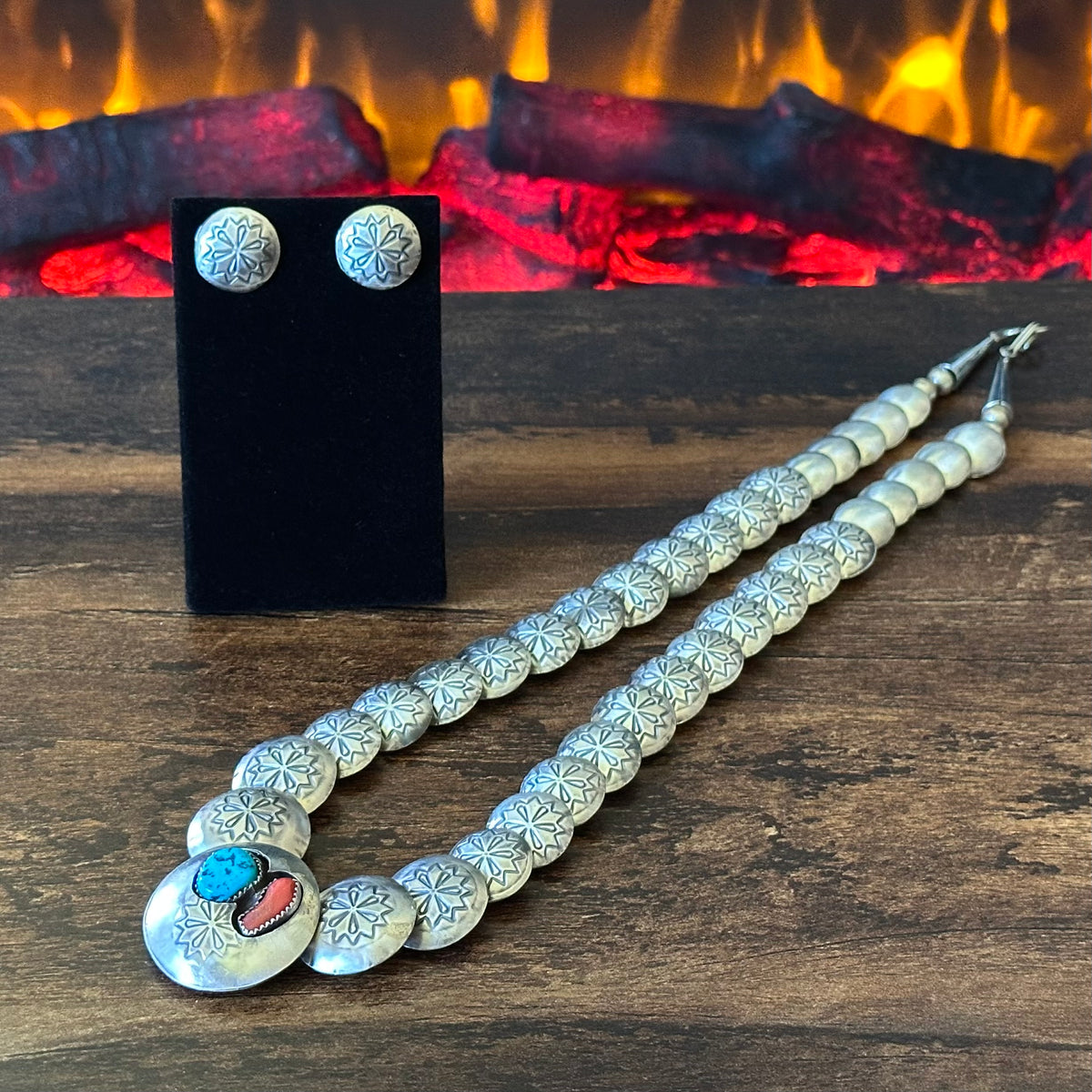 Navajo Carol Smith Reversible Turquoise Red Coral Sterling Shadowbox Pillow Bead Necklace Earrings Set