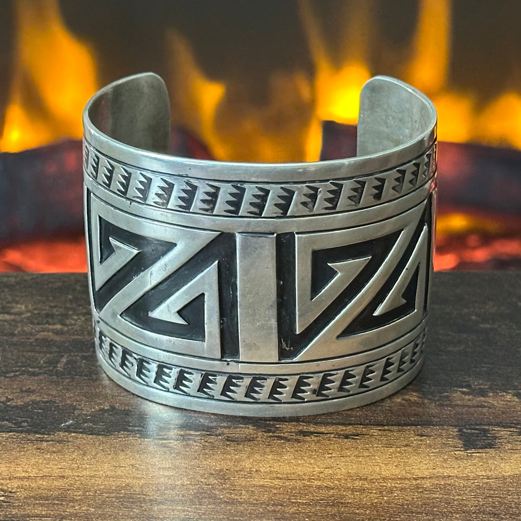 Navajo Charlie Bowie Hand Stamped Sterling Overlay Statement Cuff