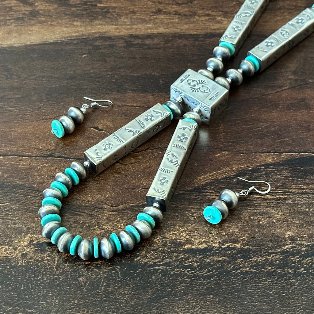 Navajo Tysha Aparicio Turquoise Sterling Handmade Rectangular Bead Stamped Necklace Earrings Set
