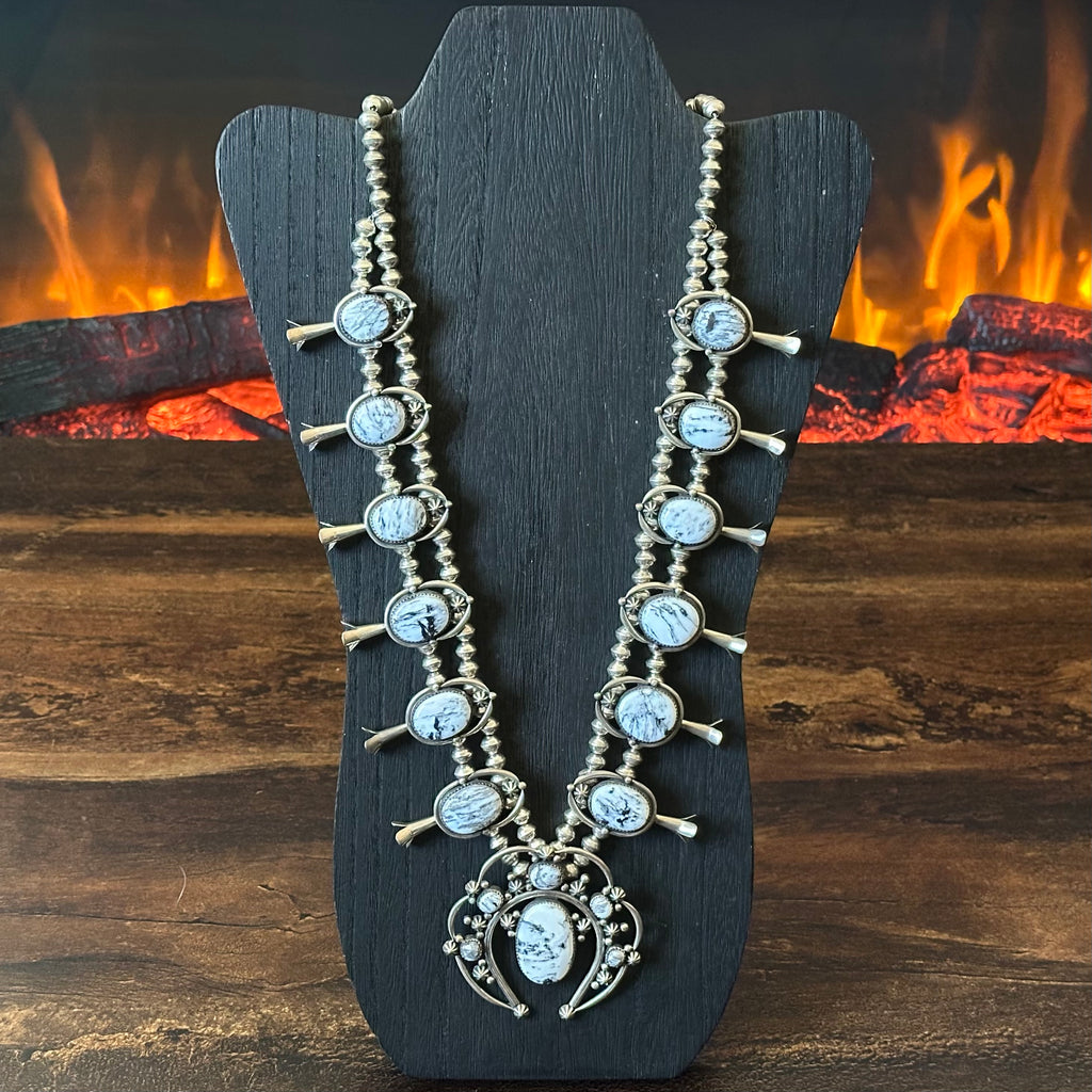 Navajo Ray Delgarito White Buffalo 18 Stone Sterling Raindrop Squash Blossom Necklace