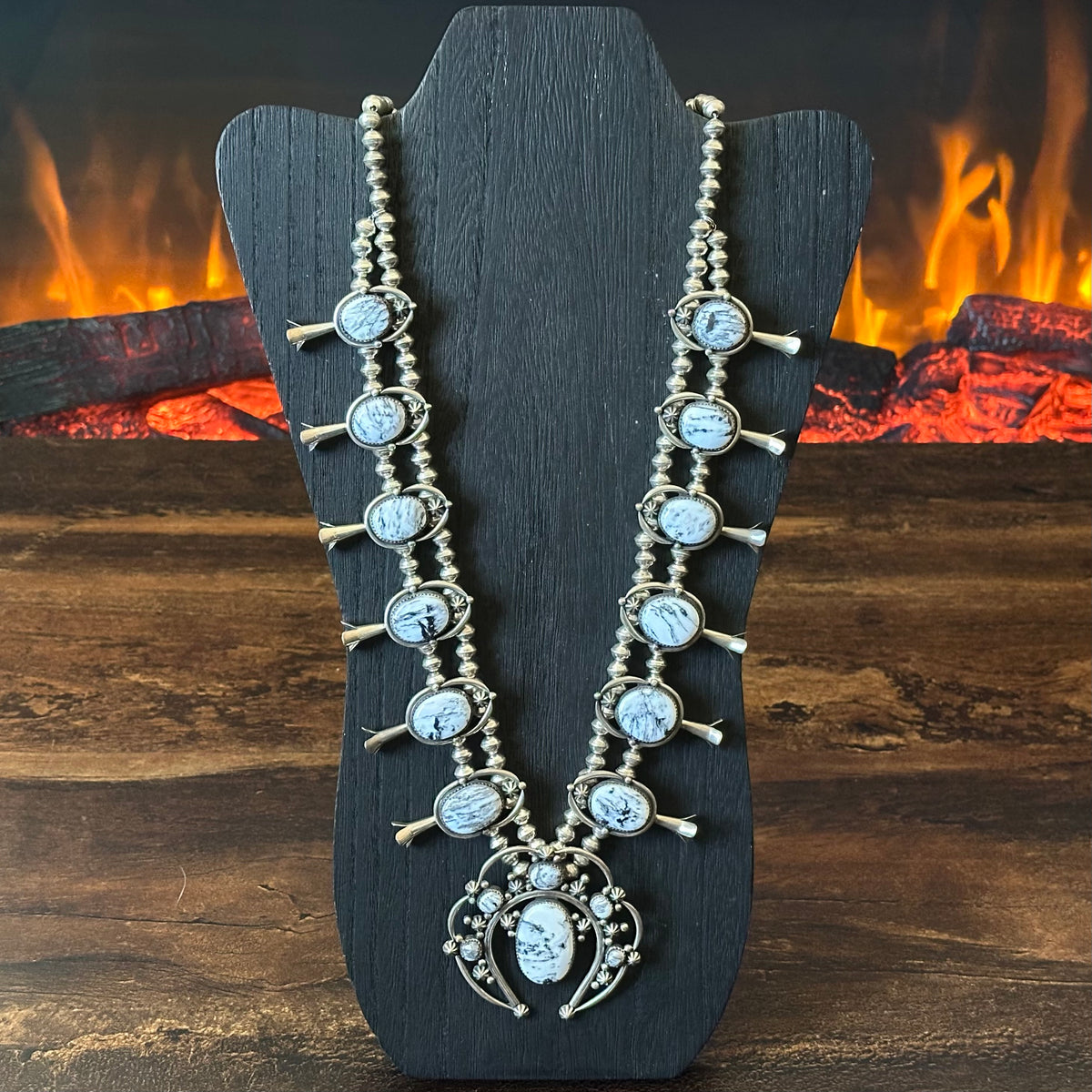 Navajo Ray Delgarito White Buffalo 18 Stone Sterling Raindrop Squash Blossom Necklace