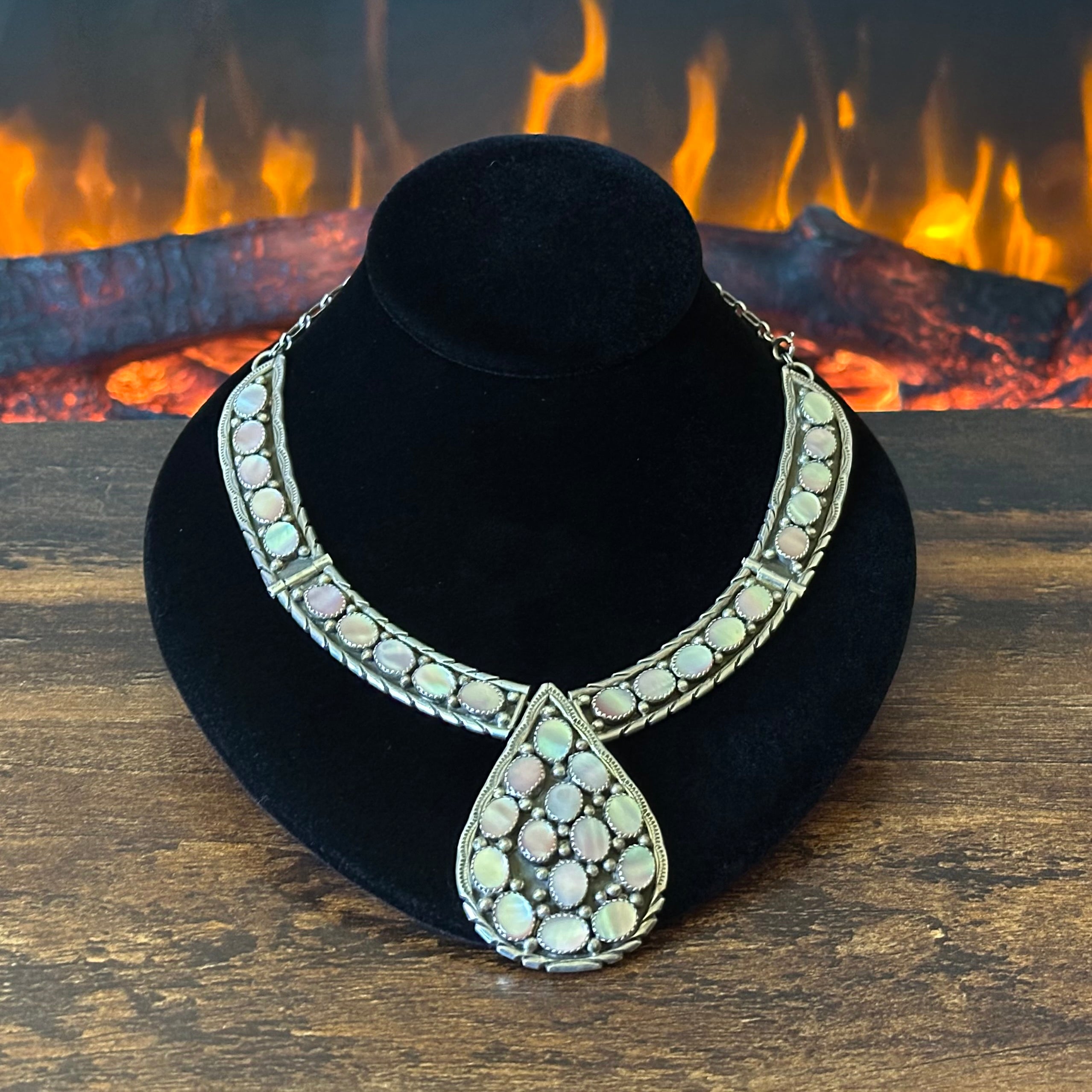 Navajo Carlos Signed Mother of Pearl 34 Stone Sterling Teardrop Cluster Statement Necklace