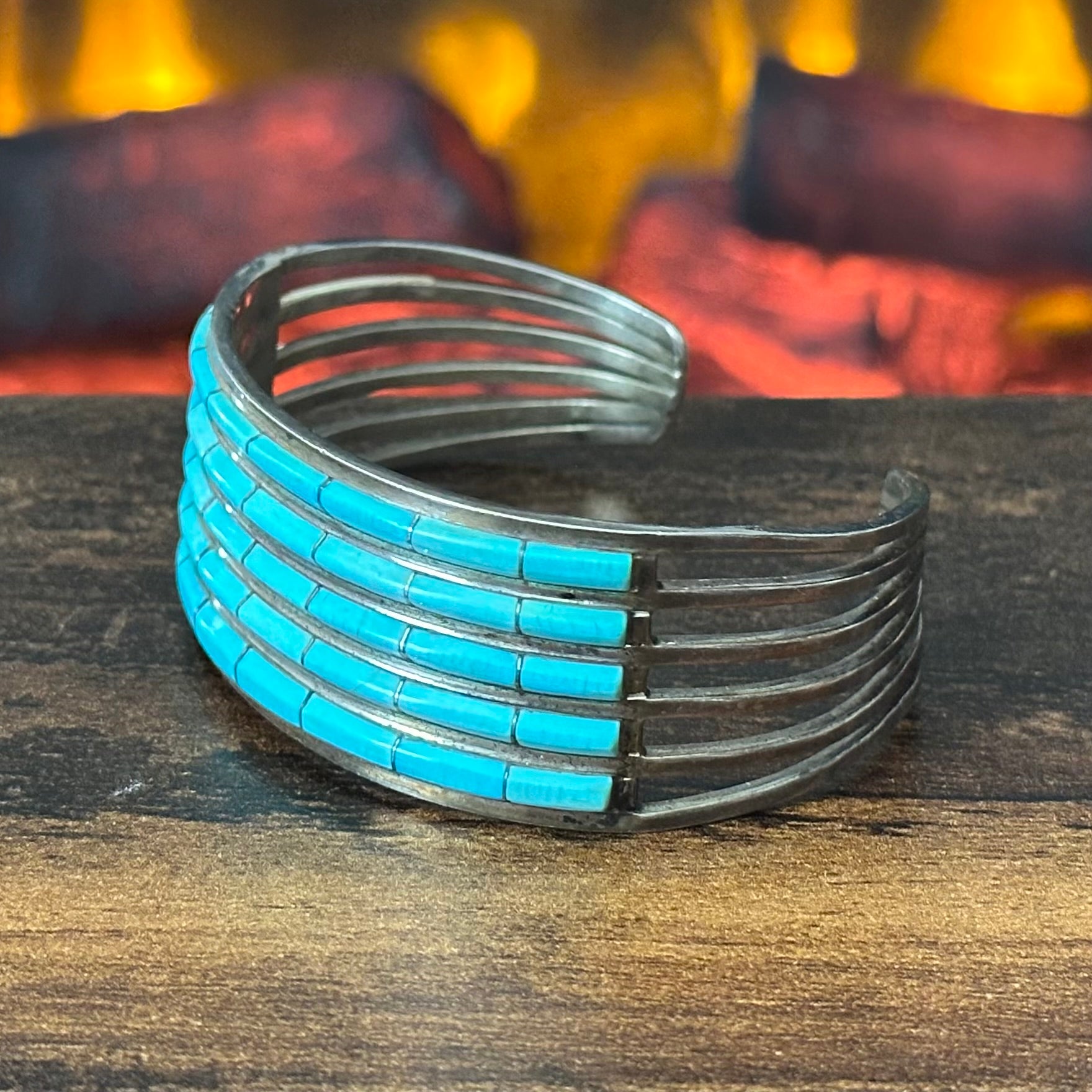 Zuni Anson & Leticia Wallace Turquoise 40 Stone Sterling 6 Shank Inlay Cuff
