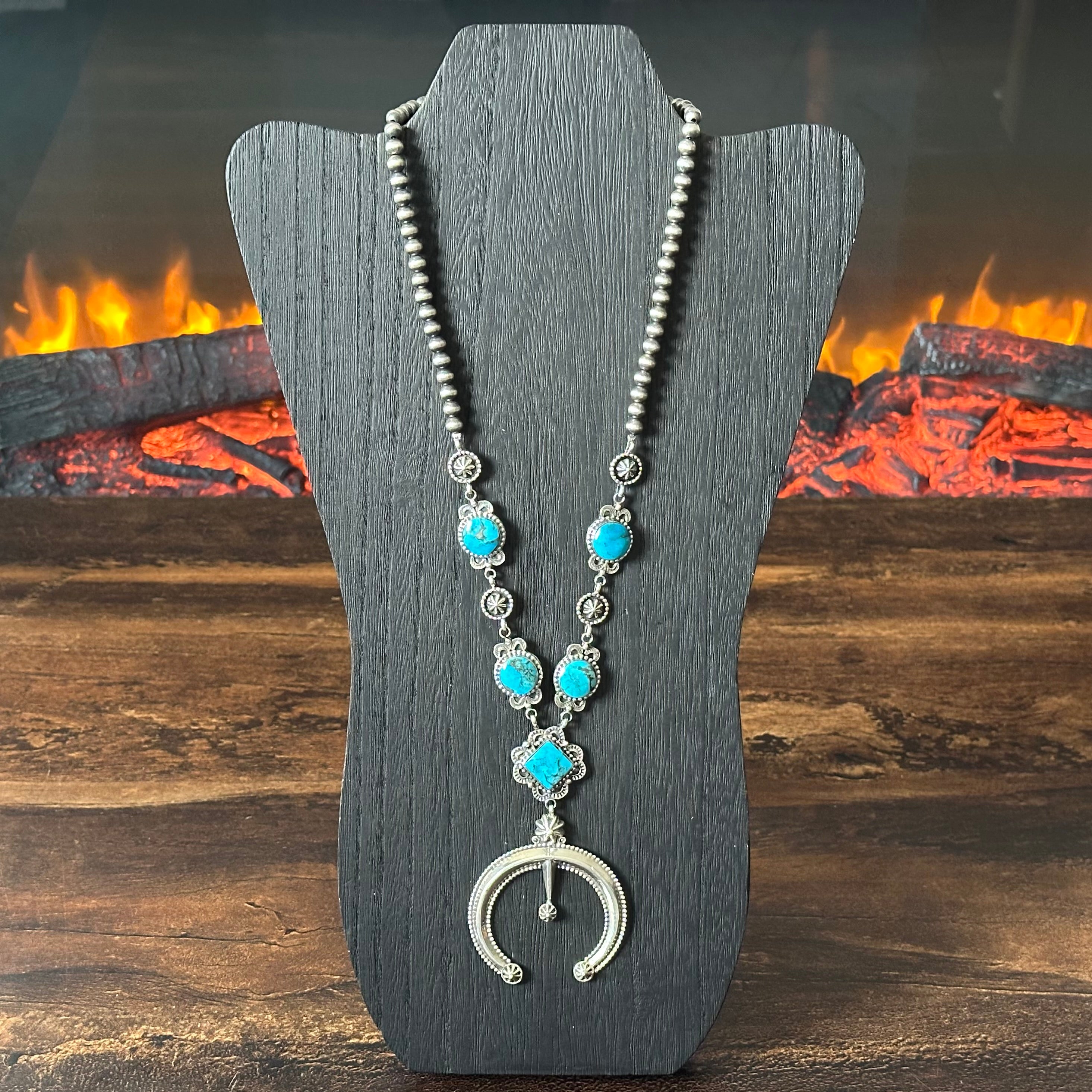 Running Bear Trading Turquoise 5 Stone Sterling Hand Stamped Naja Necklace