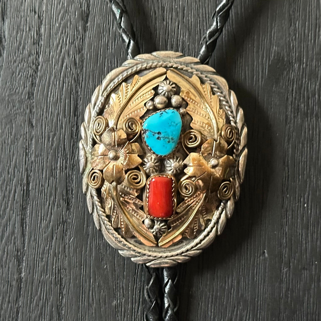 J.R. Estes Signed Turquoise Red Coral Gold Over Sterling Ornate Bolo Tie