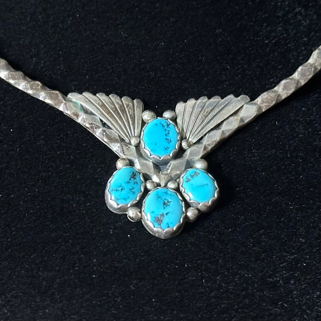 Vintage Turquoise 4 Stone Sterling Raindrop Fan Necklace