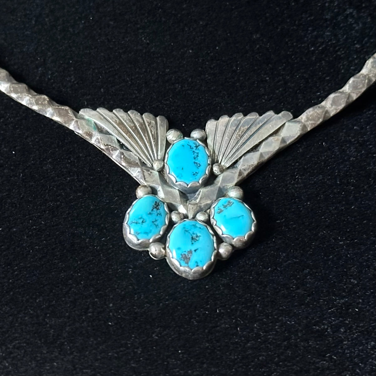 Vintage Turquoise 4 Stone Sterling Raindrop Fan Necklace