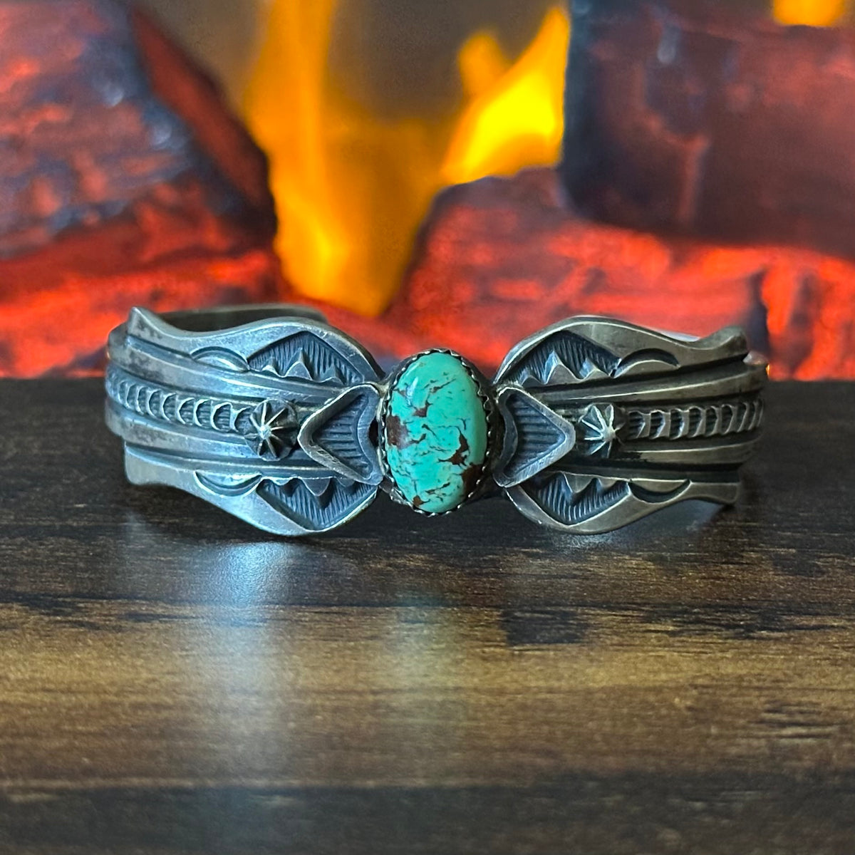 Navajo Linberg & Eva Billah Green Turquoise Sterling Hand Stamped Cast Cuff