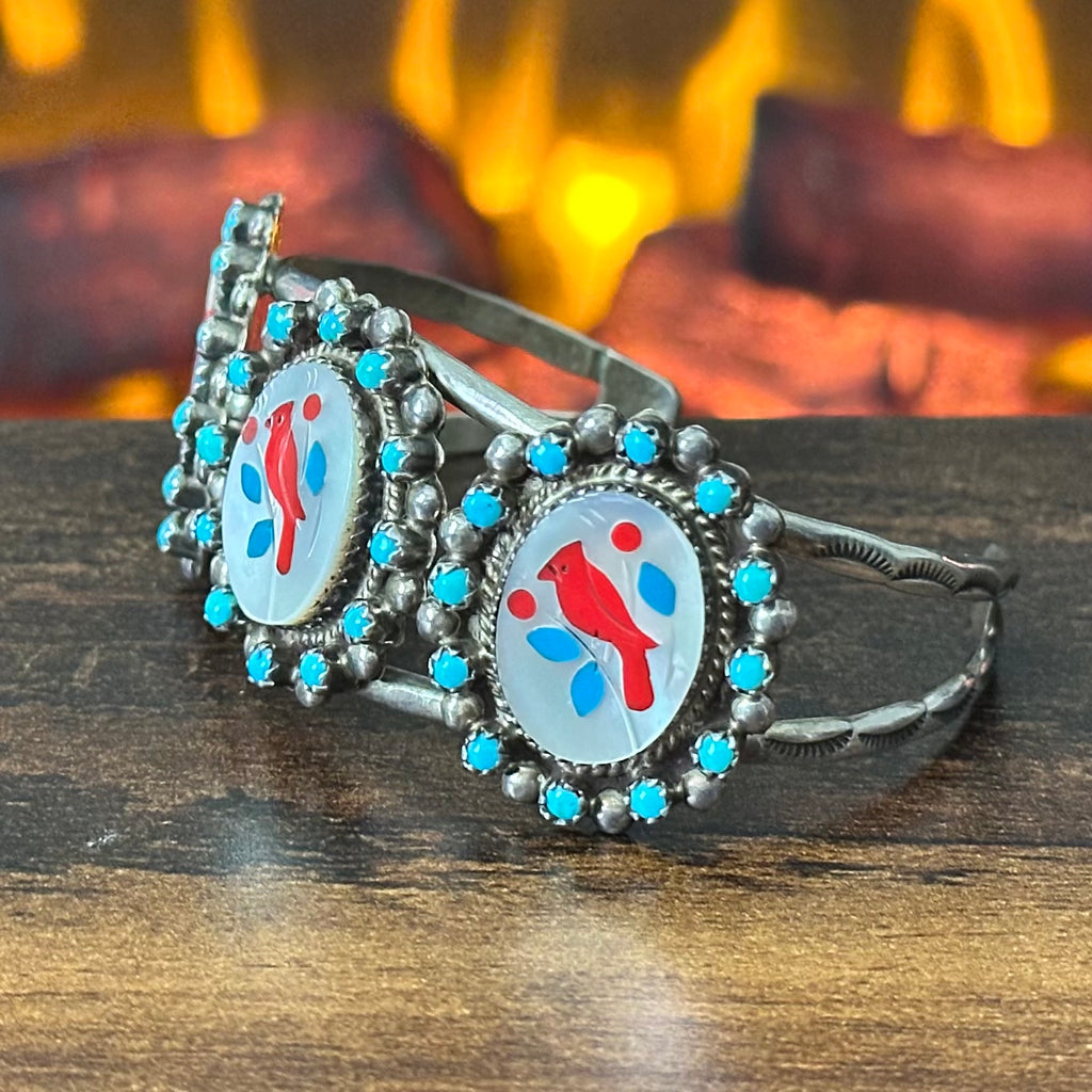 Navajo Antonio Yazzie Turquoise Red Coral Mother of Pearl 36 Stone Sterling Snake Eye Cardinal Inlay Cuff