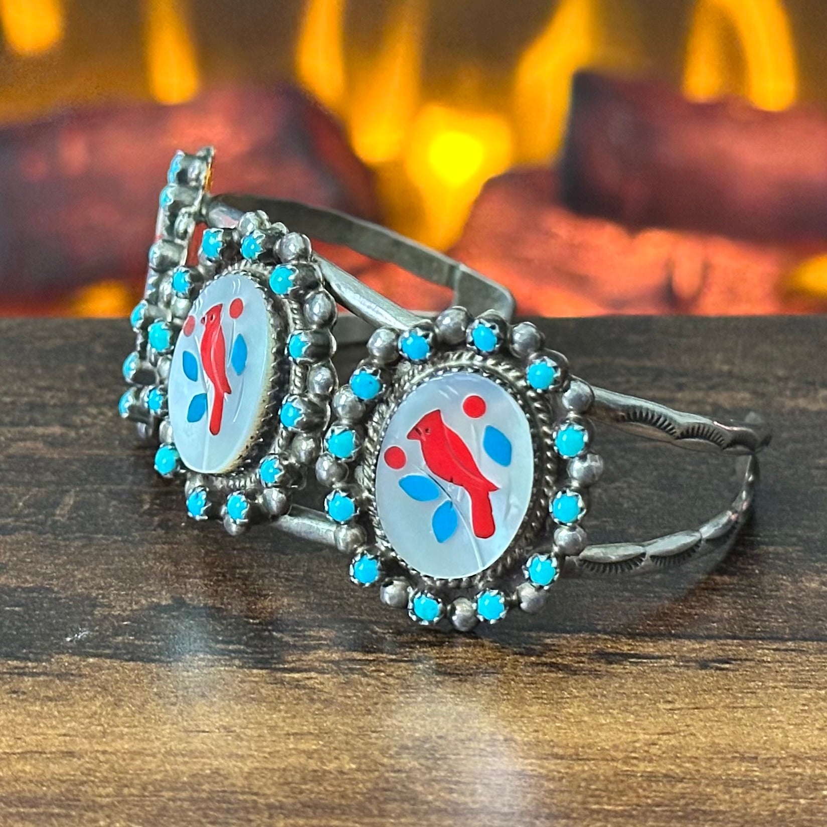 Navajo Antonio Yazzie Turquoise Red Coral Mother of Pearl 36 Stone Sterling Snake Eye Cardinal Inlay Cuff