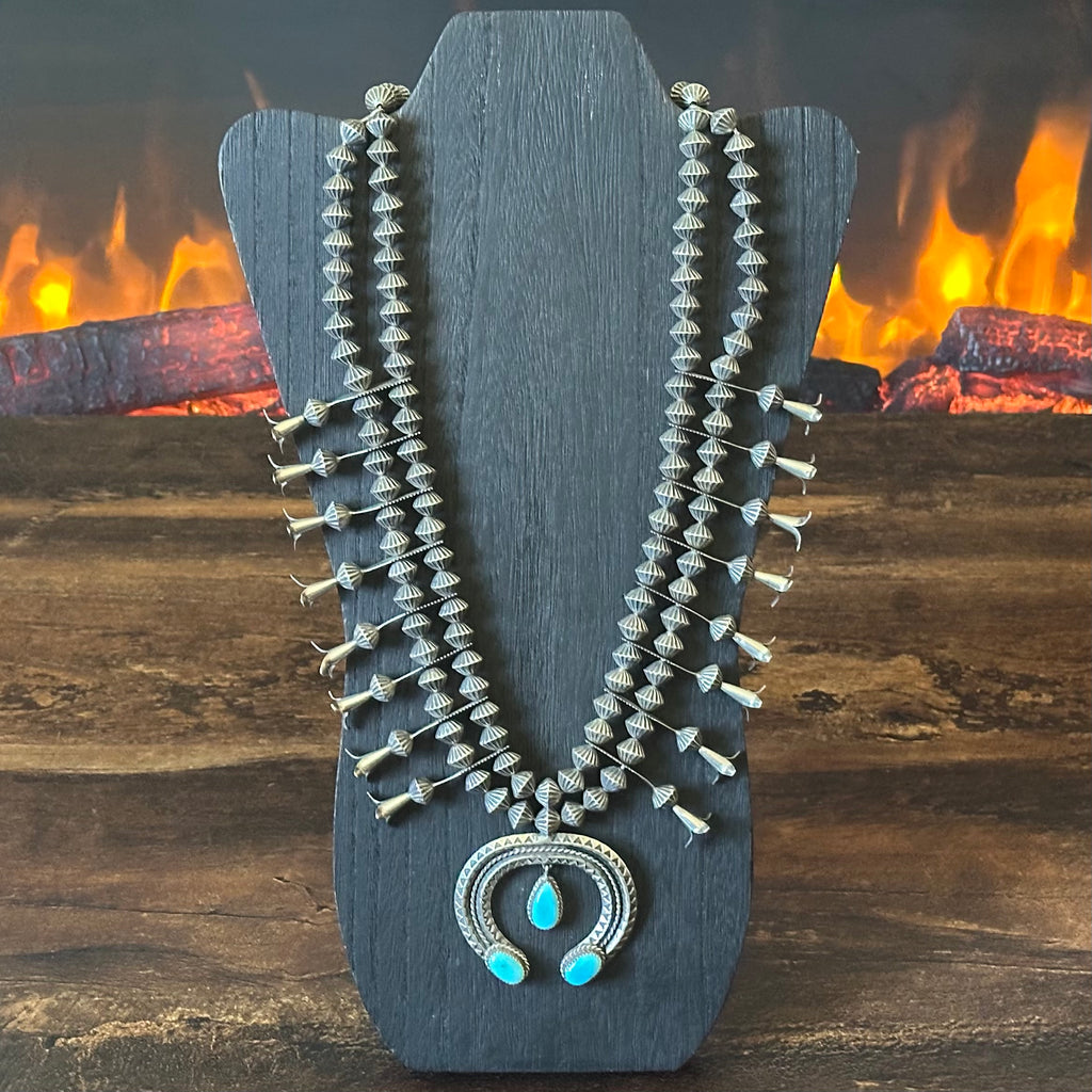 Pictogram Signed Turquoise 3 Stone Sterling Handmade Double Row Fluted Bead Squash Blossom