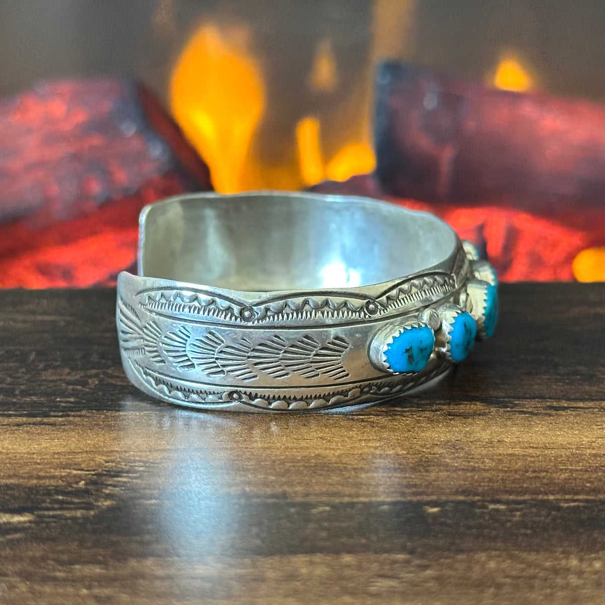 Navajo Wilbert Benally Turquoise 7 Stone Sterling Hand Stamped Raindrop Stacker Cuff
