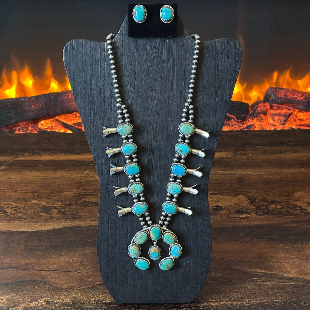 Navajo Elouise Kee Mine #8 Turquoise 18 Stone Sterling Twist Wire Bezel Squash Blossom Earrings Set