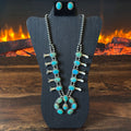 Navajo Elouise Kee Mine #8 Turquoise 18 Stone Sterling Twist Wire Bezel Squash Blossom Earrings Set