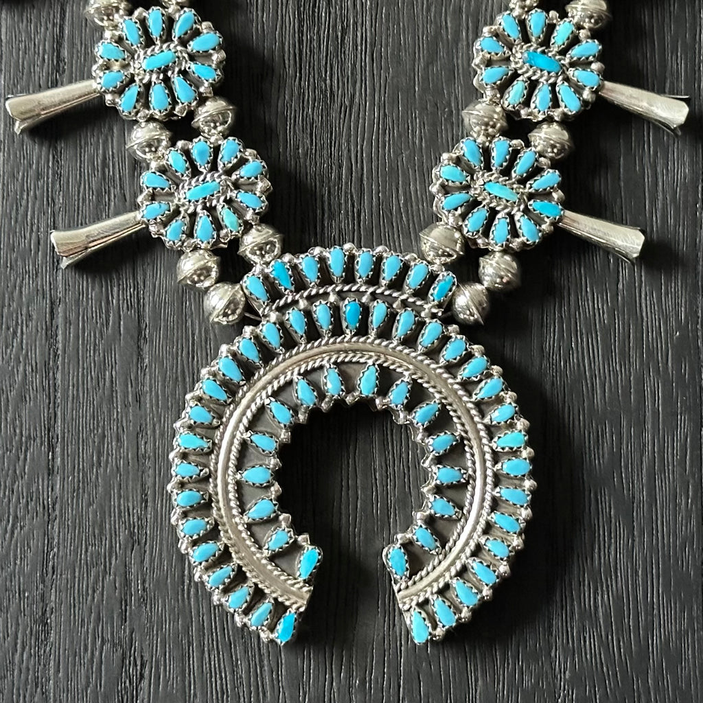 Navajo Elton James Reversible Turquoise Red Coral 376 Stone Sterling Petite Point Cluster Squash Blossom Necklace Earrings Set