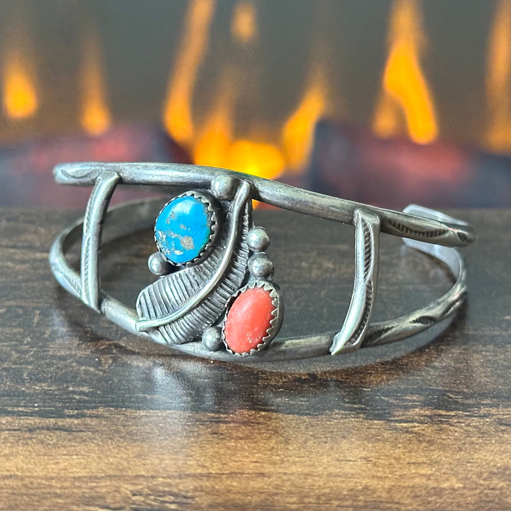 Turquoise Red Coral Sterling Hand Stamped Raindrop Feather Cuff