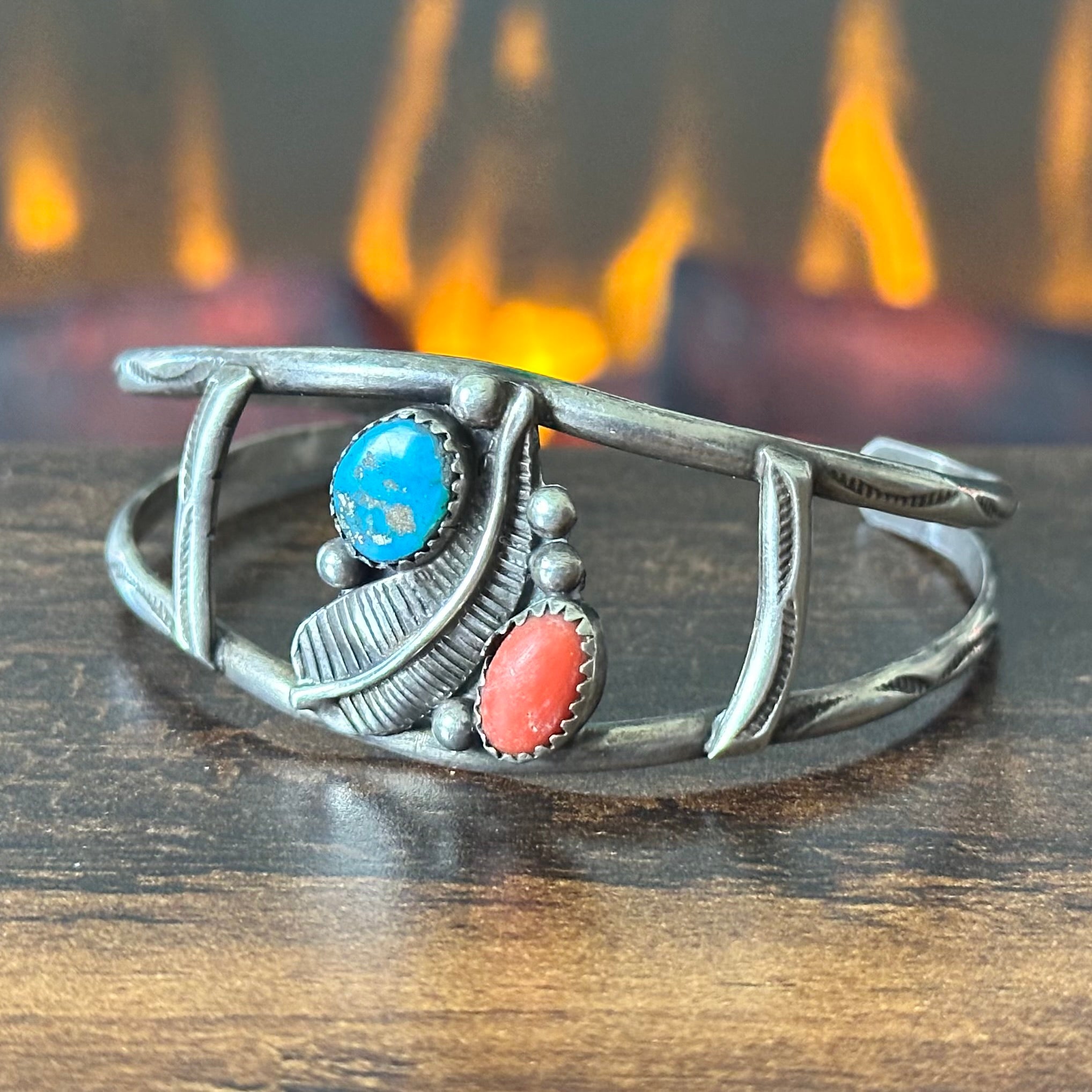Turquoise Red Coral Sterling Hand Stamped Raindrop Feather Cuff