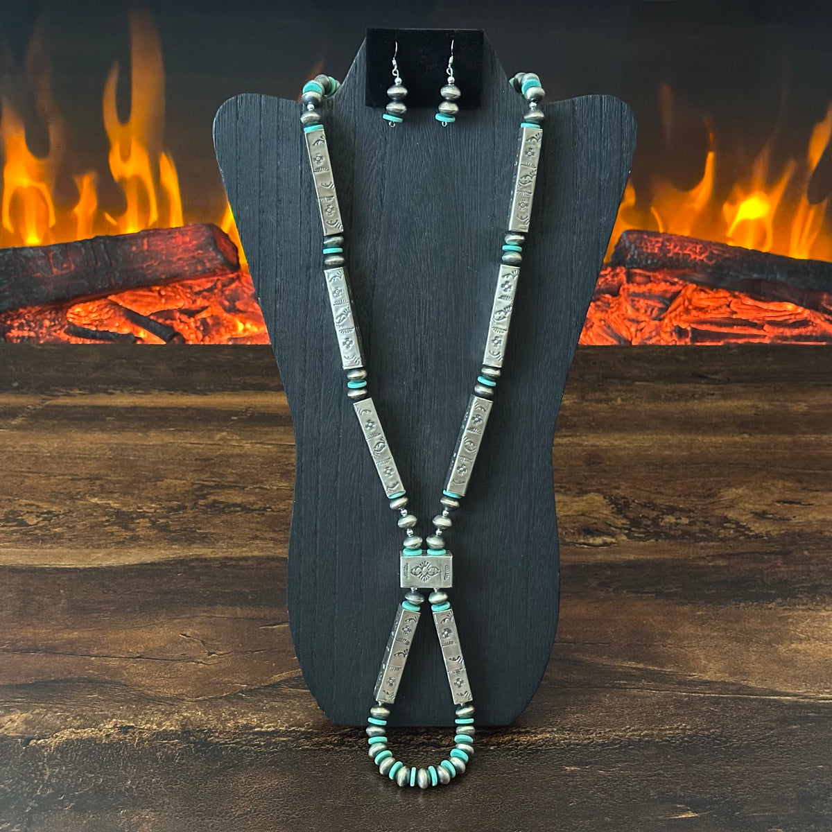 Navajo Tysha Aparicio Turquoise Sterling Handmade Rectangular Bead Stamped Necklace Earrings Set