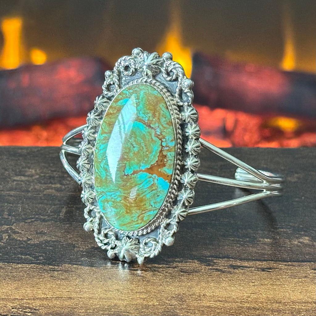 Running Bear Trading Green Turquoise Sterling Twist Wire Bezel Statement Cuff