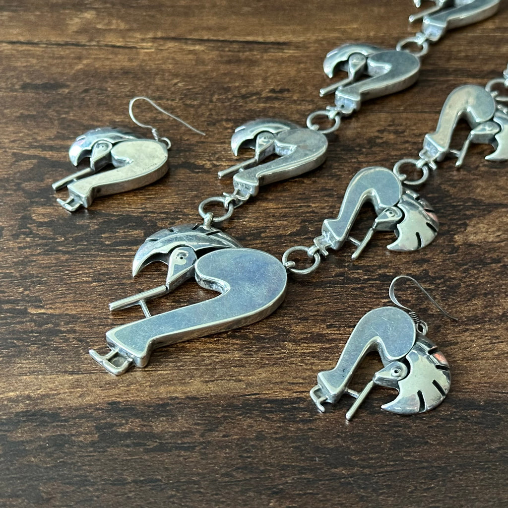 Navajo Walter Vandever Sterling Abstract Kokopelli Station Necklace Earrings Set