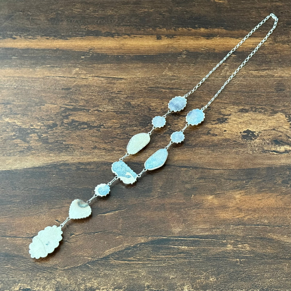 Running Bear Trading Turquoise 10 Stone Sterling Hand Stamped Twist Wire Bezel Lariat