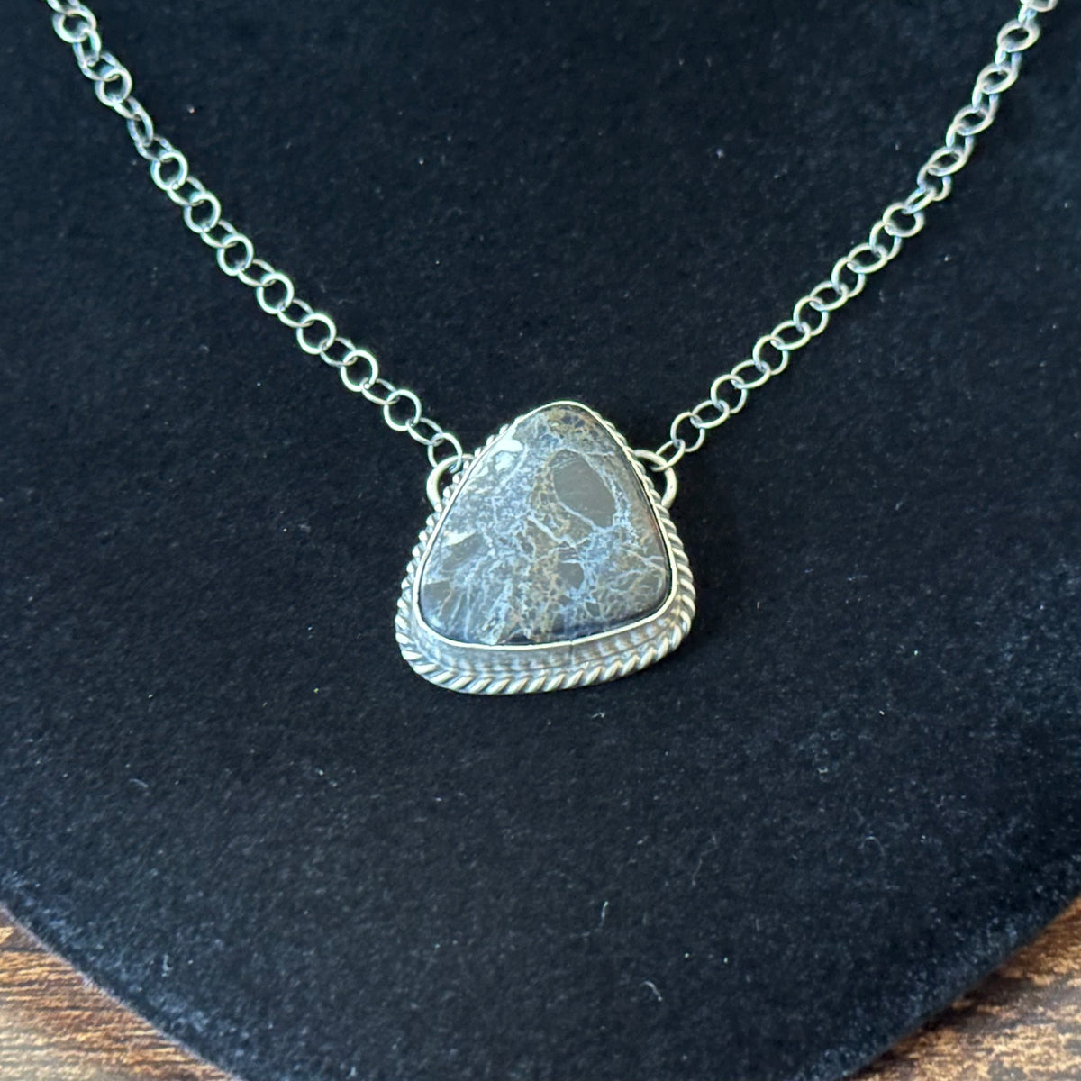 Navajo Hiram Largo White Buffalo Sterling Twist Wire Bezel Triangle Pendant Necklace