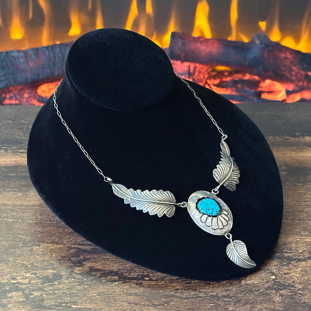 M Signed Vintage Turquoise Sterling Hand Stamped Shadowbox Feather Necklace