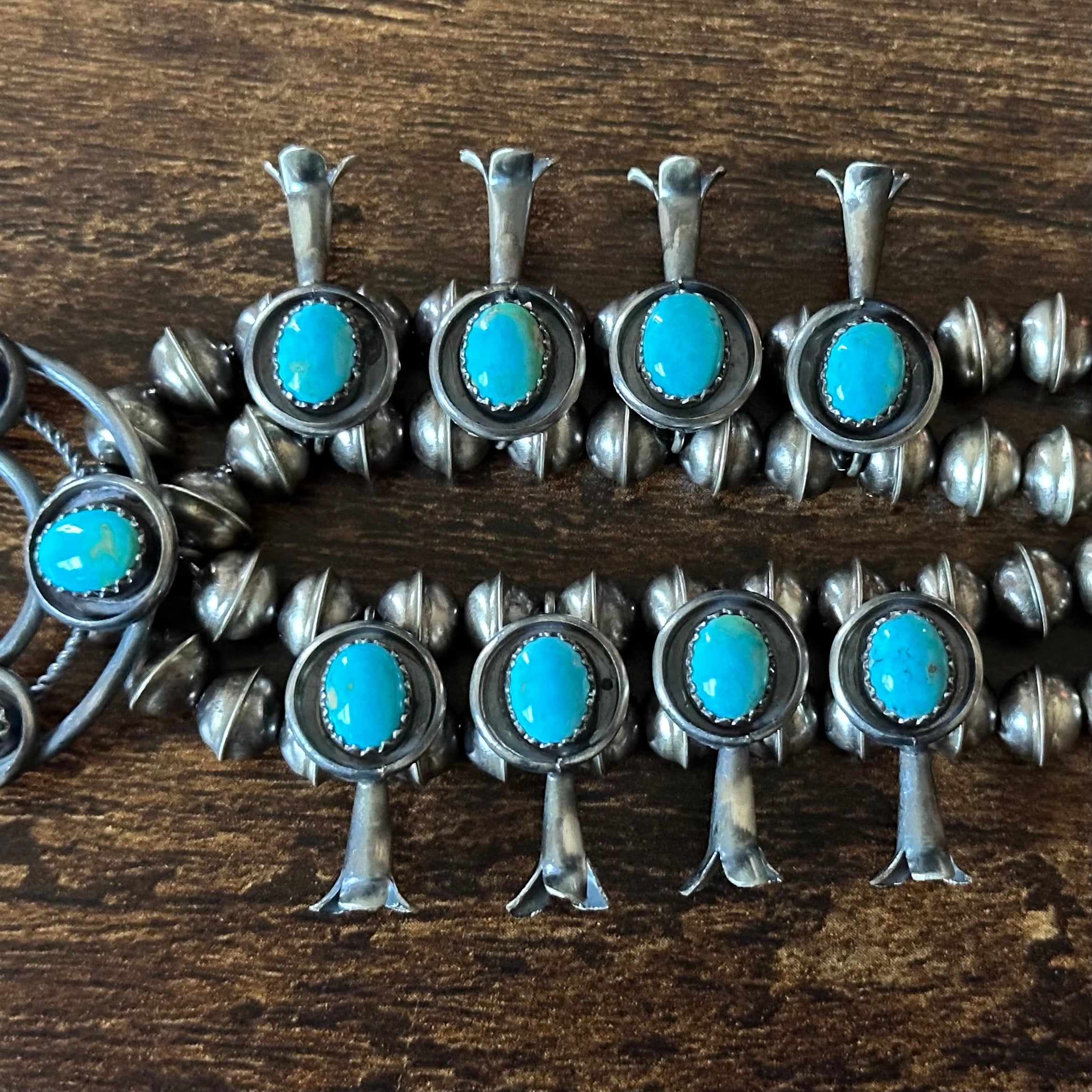 Navajo Phil & Lenora Garcia Sleeping Beauty Turquoise 13 Stone Sterling Oxidized Squash Blossom Earrings Set