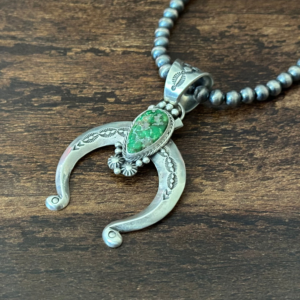 Navajo Samuel Yellowhair Sonoran Gold Turquoise Sterling Hand Stamped Naja Pendant Necklace