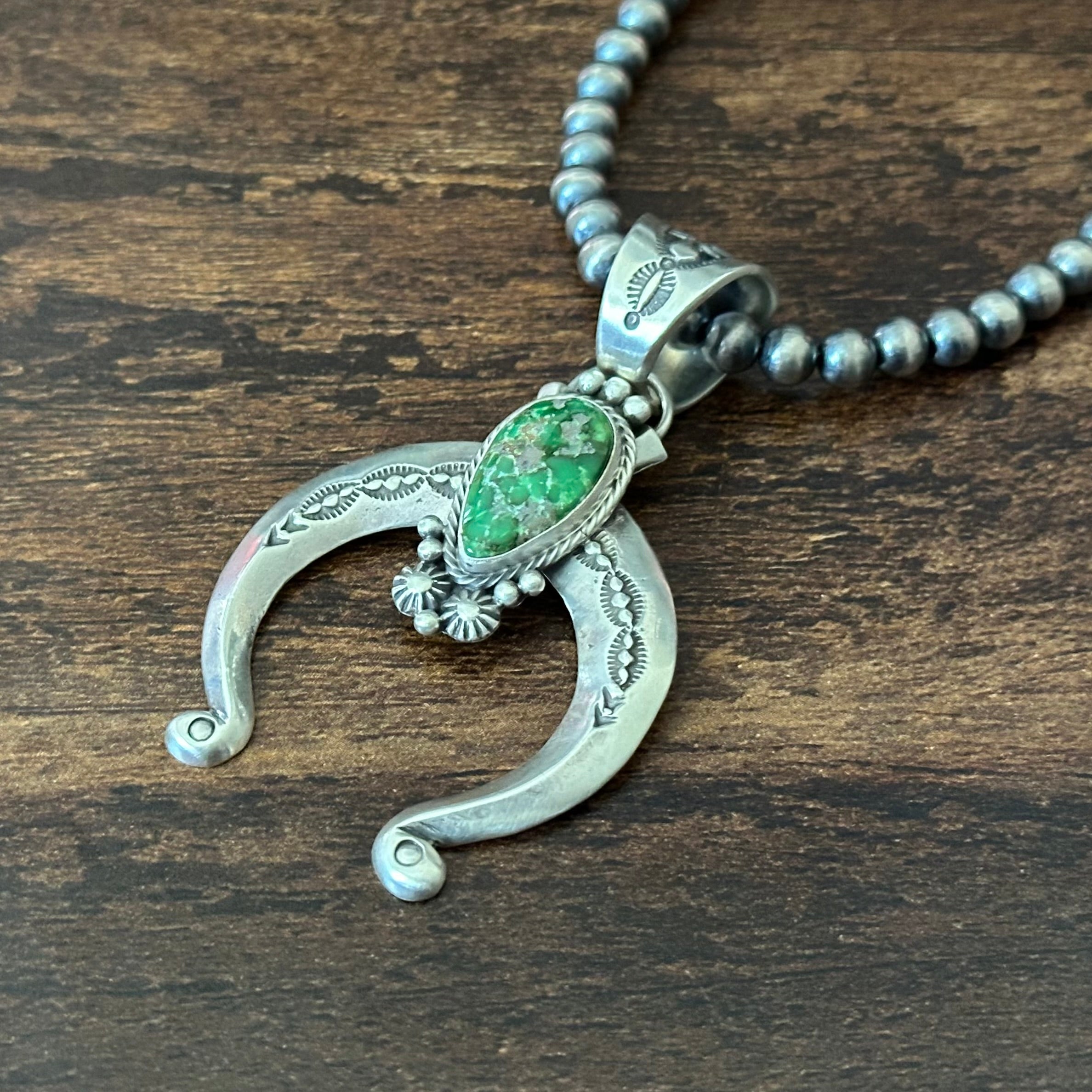Navajo Samuel Yellowhair Sonoran Gold Turquoise Sterling Hand Stamped Naja Pendant Necklace