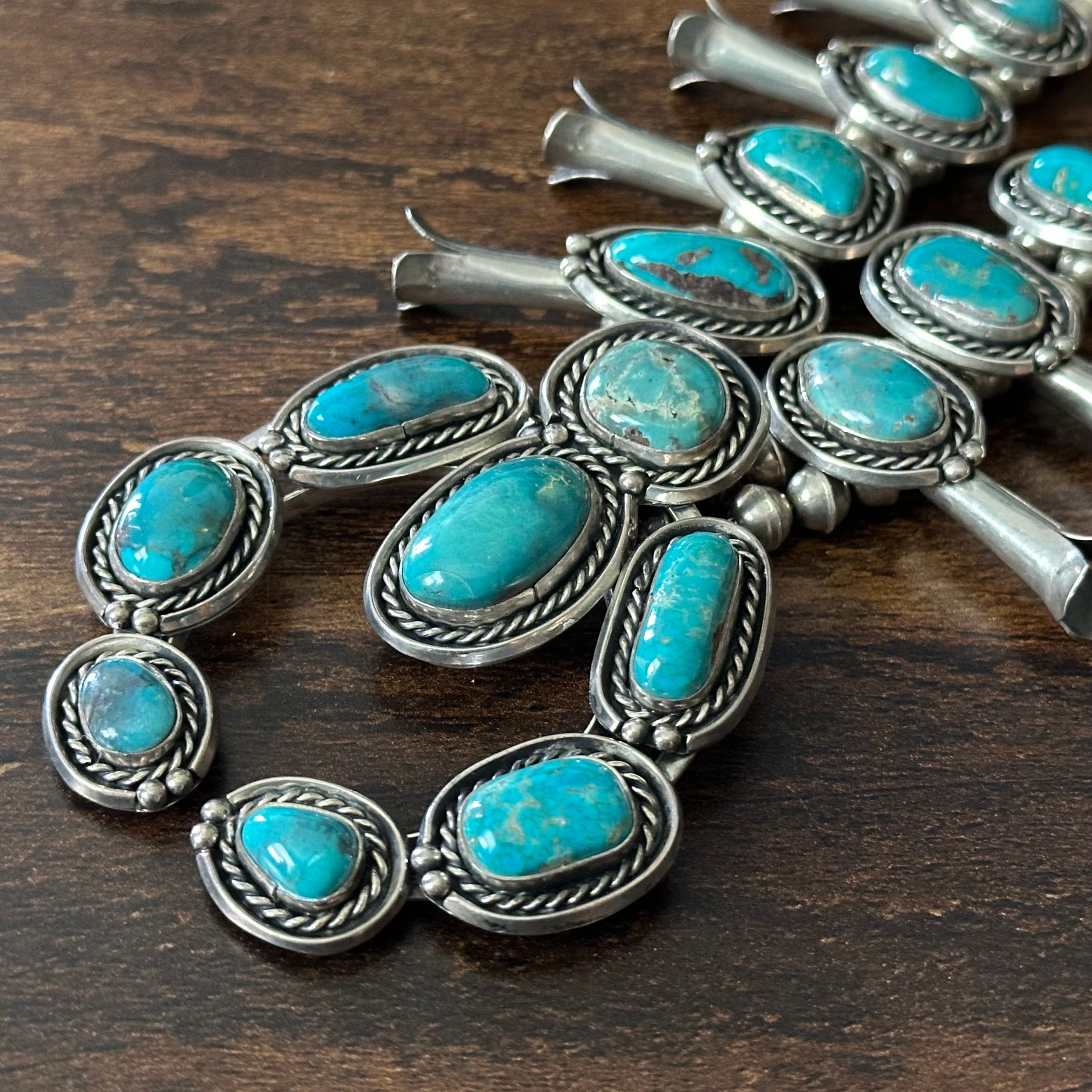 Turquoise 20 Stone Sterling Handmade Bead Twist Wire Bezel Squash Blossom