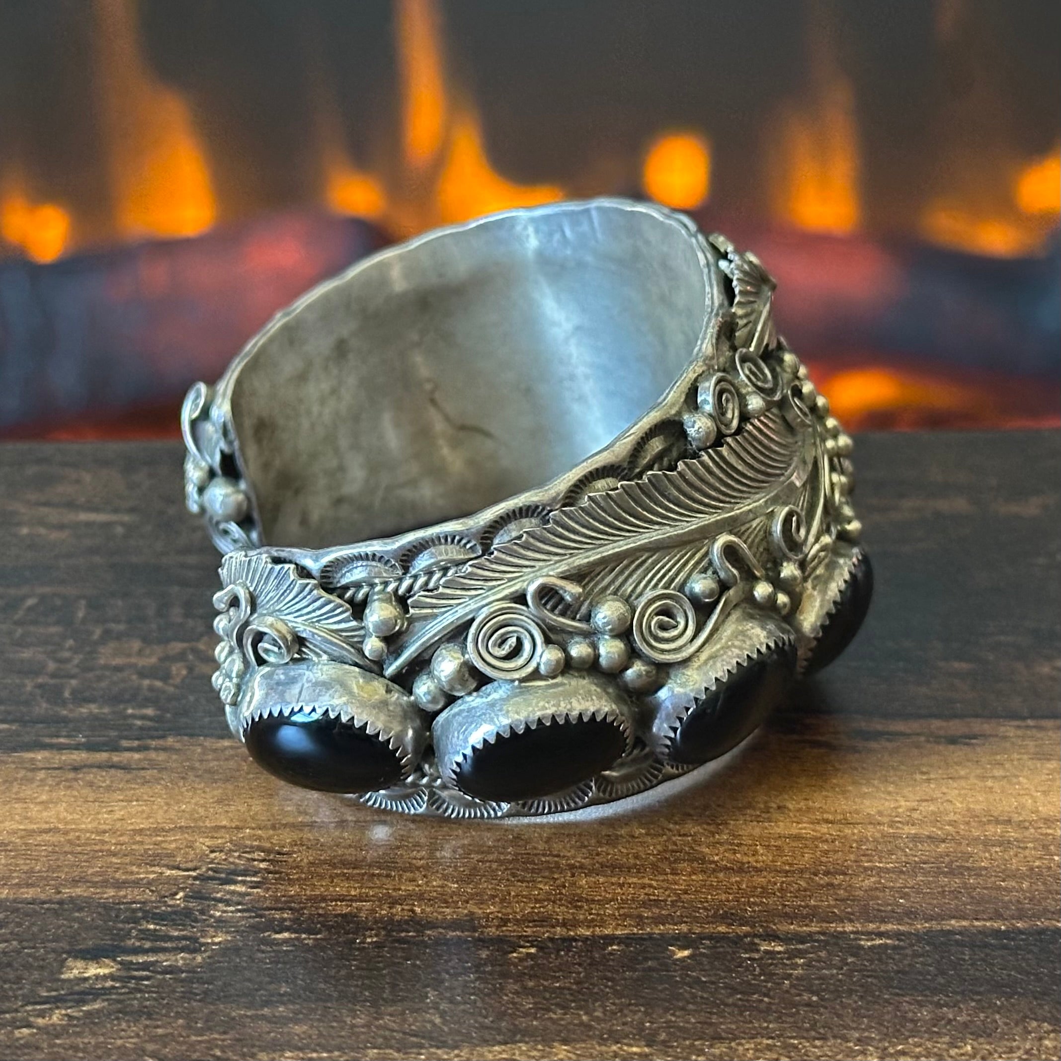 G Signed Onyx 9 Stone Sterling Floral Ornate Statement Cuff