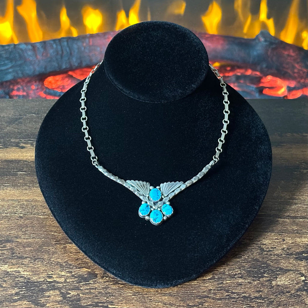 Vintage Turquoise 4 Stone Sterling Raindrop Fan Necklace