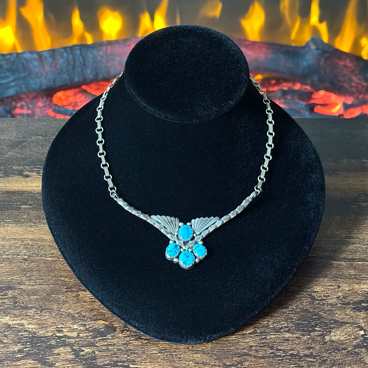 Vintage Turquoise 4 Stone Sterling Raindrop Fan Necklace