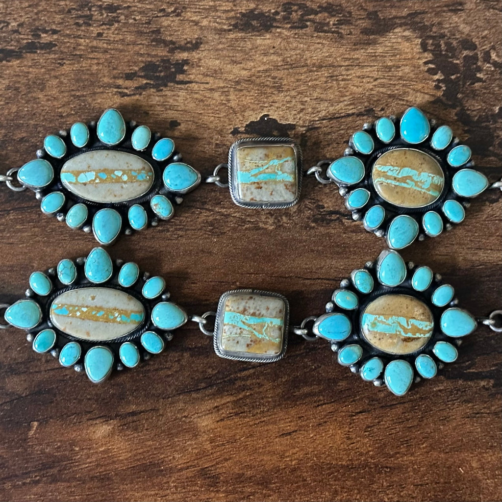 Navajo Sheila Tso Royston Ribbon Turquoise 133 Stone Cluster Lariat Necklace Earrings Set