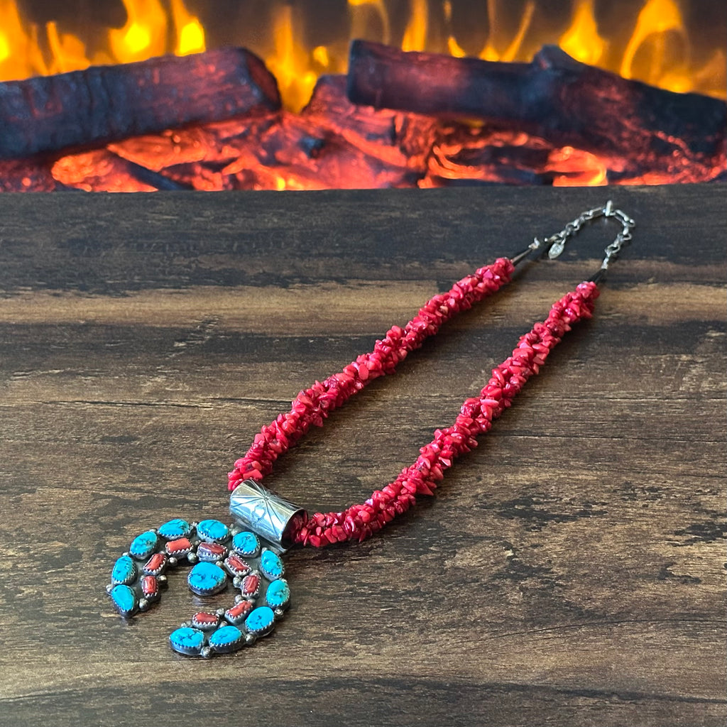 Running Bear Trading Turquoise Red Coral 20 Stone Sterling Triple Strand Hand Stamped Naja Pendant Necklace