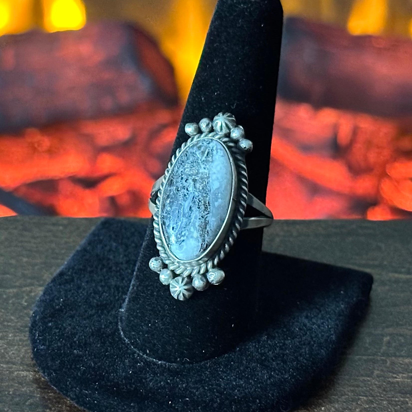 Navajo Freda Martinez White Buffalo Sterling Twist Wire Bezel Ring